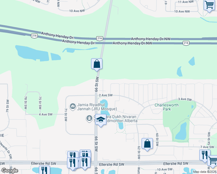 map of restaurants, bars, coffee shops, grocery stores, and more near 122 65 Street Southwest in Edmonton
