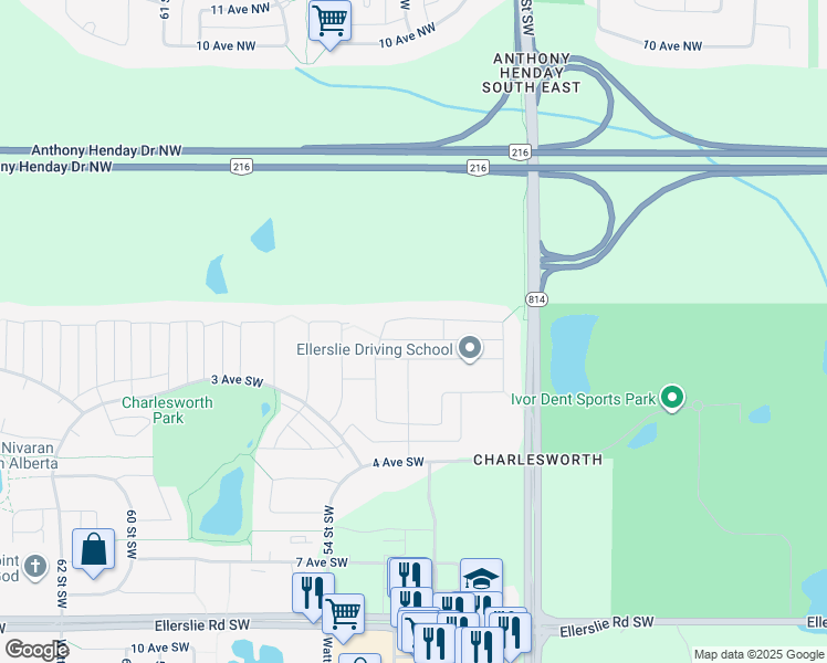 map of restaurants, bars, coffee shops, grocery stores, and more near 5235 1A Avenue Southwest in Edmonton