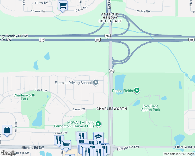 map of restaurants, bars, coffee shops, grocery stores, and more near 5111 1A Avenue Southwest in Edmonton