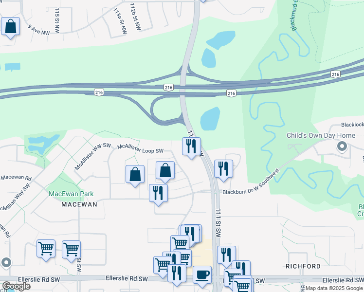 map of restaurants, bars, coffee shops, grocery stores, and more near 647 McAllister Loop Southwest in Edmonton
