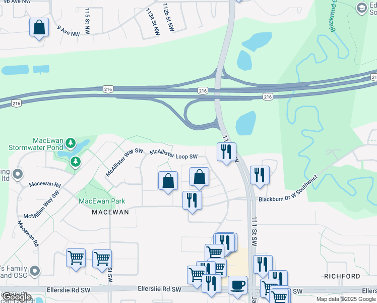 map of restaurants, bars, coffee shops, grocery stores, and more near 655 McAllister Loop Southwest in Edmonton