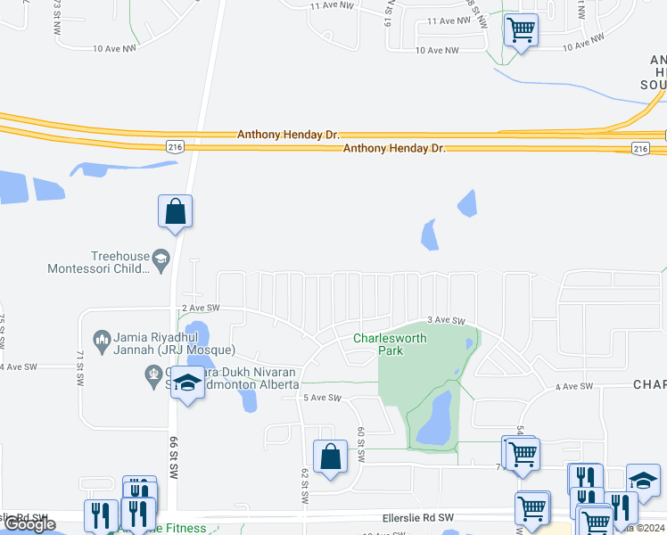 map of restaurants, bars, coffee shops, grocery stores, and more near 6030 1A Avenue Southwest in Edmonton