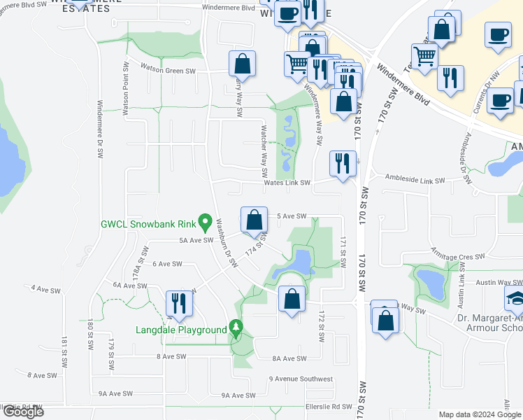 map of restaurants, bars, coffee shops, grocery stores, and more near 17404 5 Avenue Southwest in Edmonton