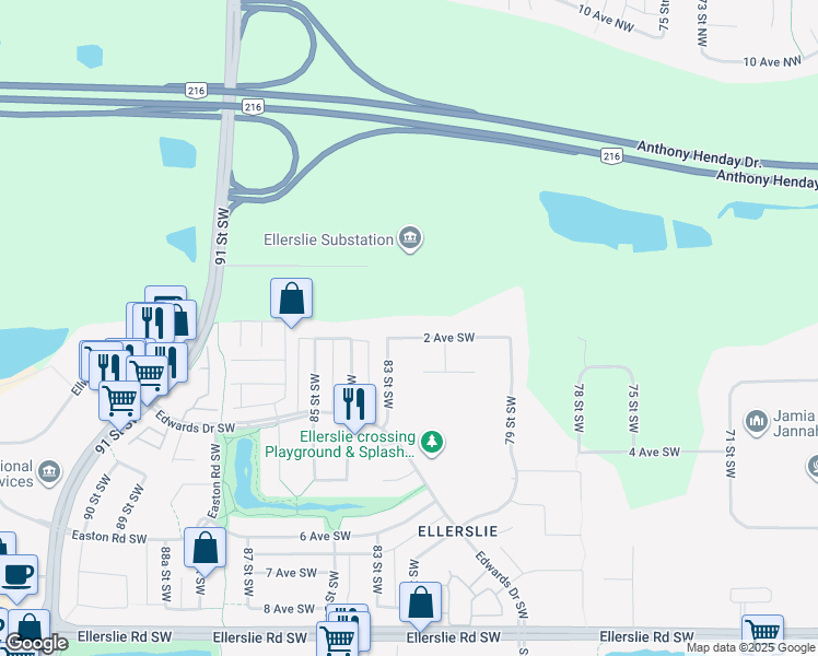 map of restaurants, bars, coffee shops, grocery stores, and more near 8116 2 Avenue Southwest in Edmonton