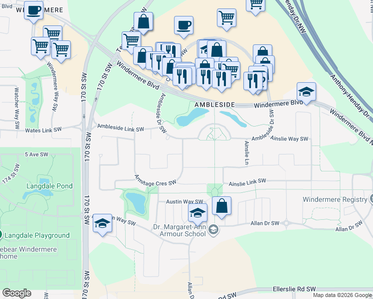 map of restaurants, bars, coffee shops, grocery stores, and more near 1011 Armitage Crescent Southwest in Edmonton
