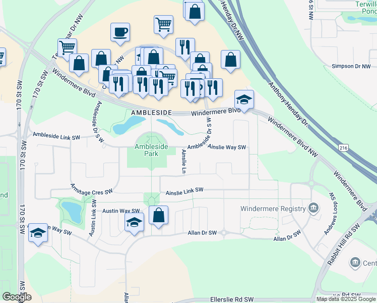 map of restaurants, bars, coffee shops, grocery stores, and more near 133 Ambleside Drive South West in Edmonton