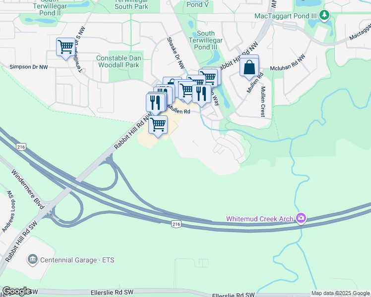map of restaurants, bars, coffee shops, grocery stores, and more near 5810 Mullen Place Northwest in Edmonton