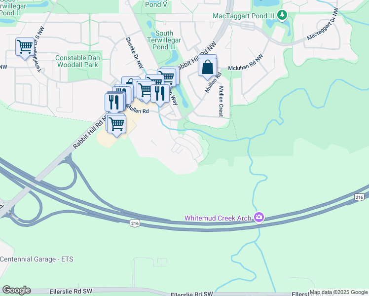 map of restaurants, bars, coffee shops, grocery stores, and more near 5873 Mullen Place Northwest in Edmonton