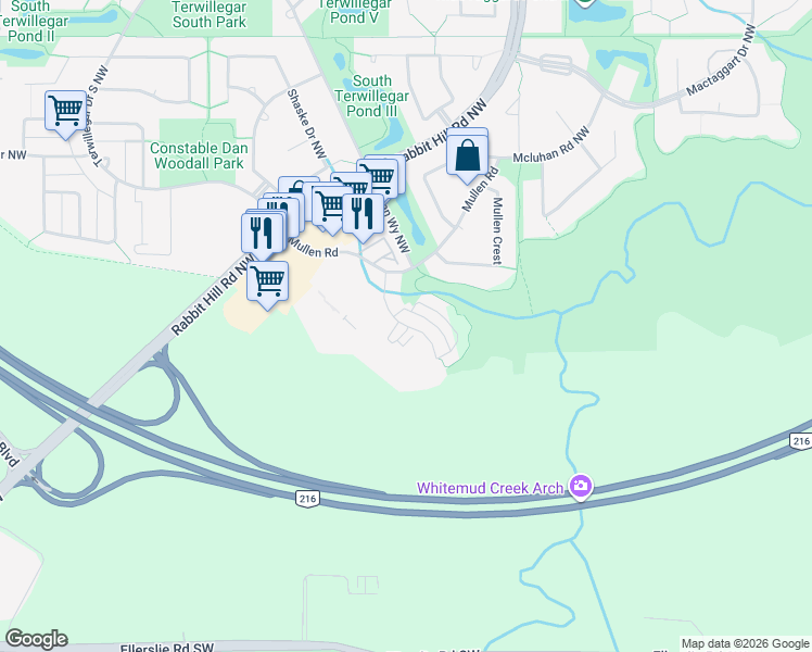 map of restaurants, bars, coffee shops, grocery stores, and more near Mullen Place Northwest in Edmonton