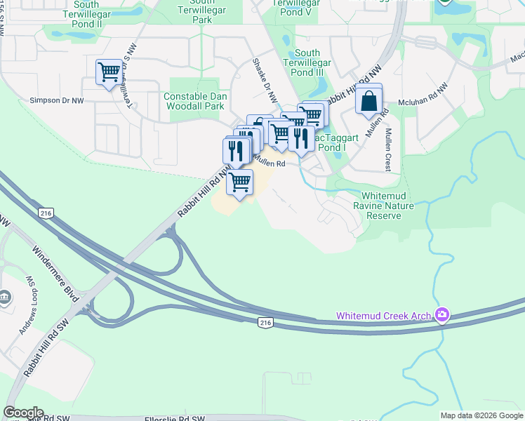 map of restaurants, bars, coffee shops, grocery stores, and more near 5133 Mullen Road in Edmonton
