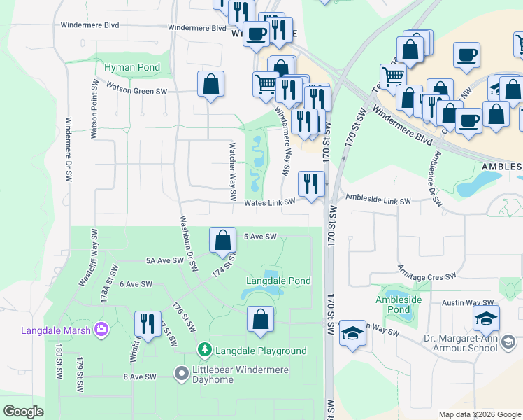 map of restaurants, bars, coffee shops, grocery stores, and more near 1433 Wates Link Southwest in Edmonton
