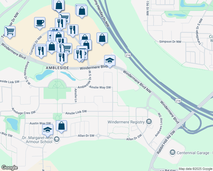 map of restaurants, bars, coffee shops, grocery stores, and more near 482 Ainslie Crescent Southwest in Edmonton