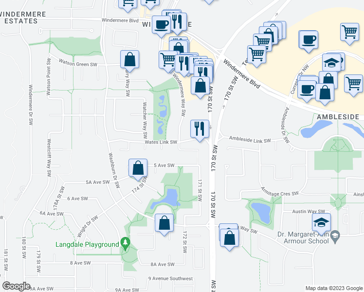 map of restaurants, bars, coffee shops, grocery stores, and more near 1518 Wates Place Southwest in Edmonton