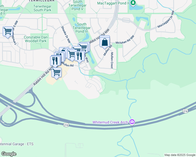 map of restaurants, bars, coffee shops, grocery stores, and more near 5873 Mullen Place Northwest in Edmonton