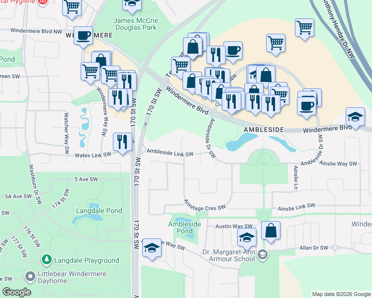 map of restaurants, bars, coffee shops, grocery stores, and more near 1122 Armitage Crescent Southwest in Edmonton