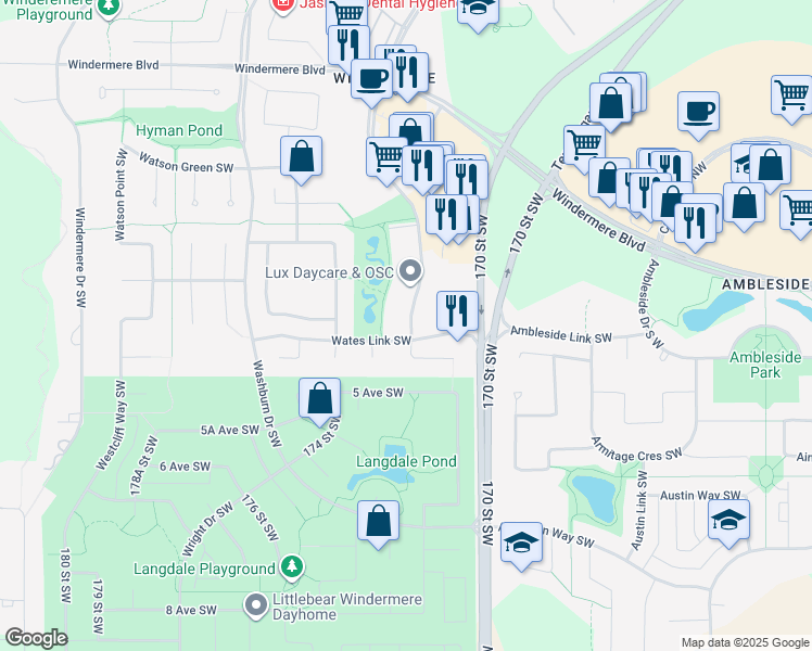 map of restaurants, bars, coffee shops, grocery stores, and more near 1518 Wates Place Southwest in Edmonton