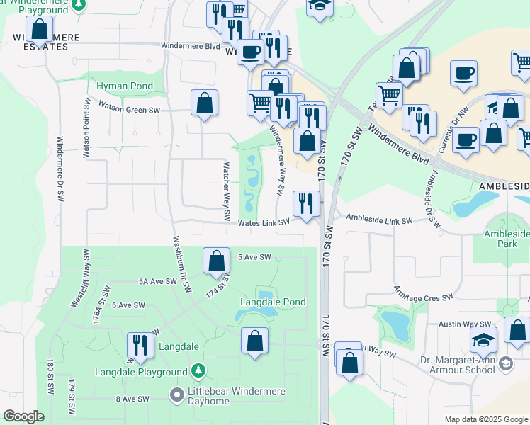 map of restaurants, bars, coffee shops, grocery stores, and more near 1350 Windermere Way Southwest in Edmonton