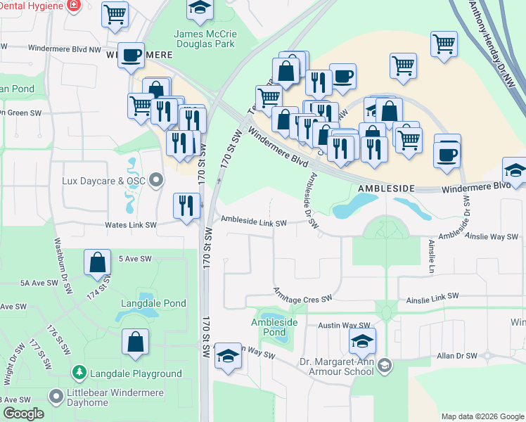 map of restaurants, bars, coffee shops, grocery stores, and more near 514 Adams Way Southwest in Edmonton