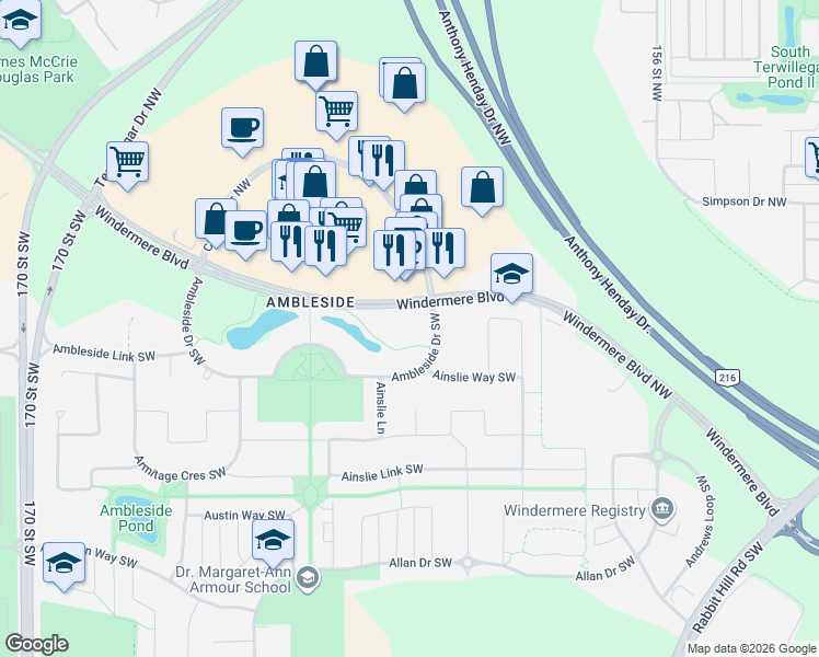map of restaurants, bars, coffee shops, grocery stores, and more near 5110 Windermere Boulevard in Edmonton