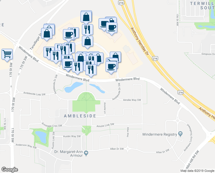 map of restaurants, bars, coffee shops, grocery stores, and more near 104 Ambleside Drive South West in Edmonton
