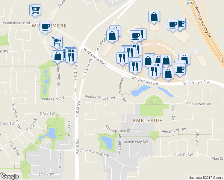 map of restaurants, bars, coffee shops, grocery stores, and more near 275 Ambleside Drive Southwest in Edmonton