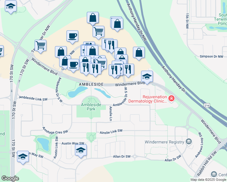 map of restaurants, bars, coffee shops, grocery stores, and more near 104 Ambleside Drive South West in Edmonton