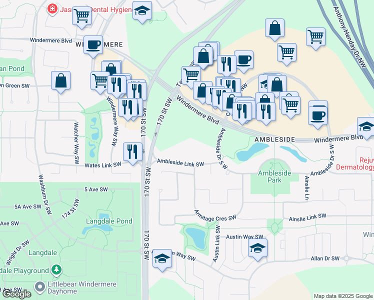 map of restaurants, bars, coffee shops, grocery stores, and more near 320 Ambleside Link Southwest in Edmonton