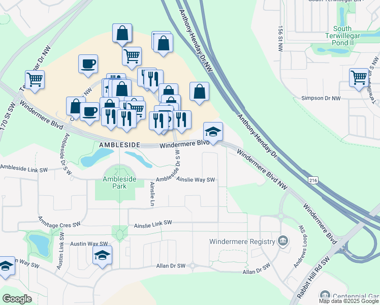 map of restaurants, bars, coffee shops, grocery stores, and more near 105 Ambleside Drive Southwest in Edmonton