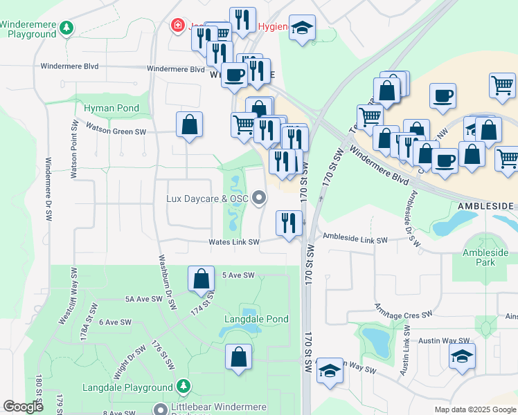 map of restaurants, bars, coffee shops, grocery stores, and more near 1308 Windermere Way Southwest in Edmonton