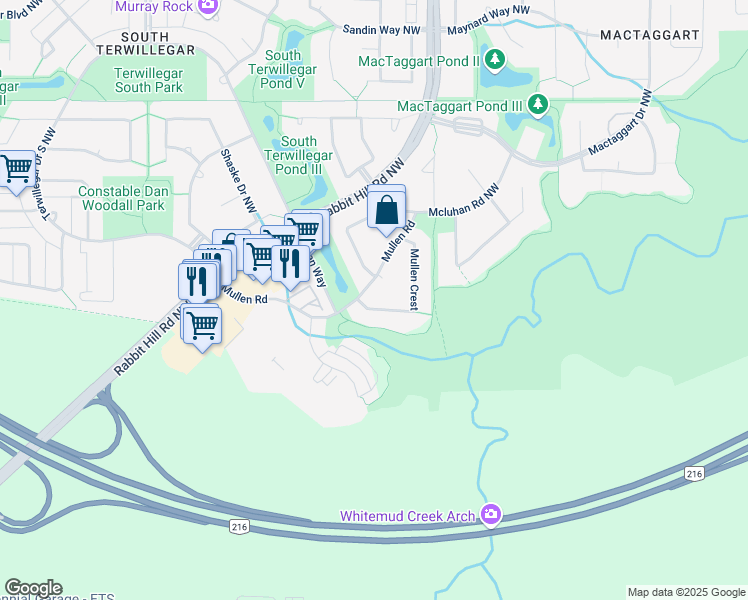 map of restaurants, bars, coffee shops, grocery stores, and more near 5206 Mullen Crest in Edmonton