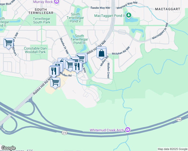 map of restaurants, bars, coffee shops, grocery stores, and more near Mullen Crest in Edmonton