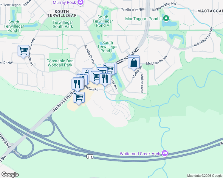 map of restaurants, bars, coffee shops, grocery stores, and more near 5970 Mullen Way in Edmonton