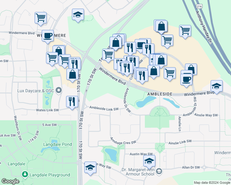map of restaurants, bars, coffee shops, grocery stores, and more near 275 Ambleside Drive Southwest in Edmonton