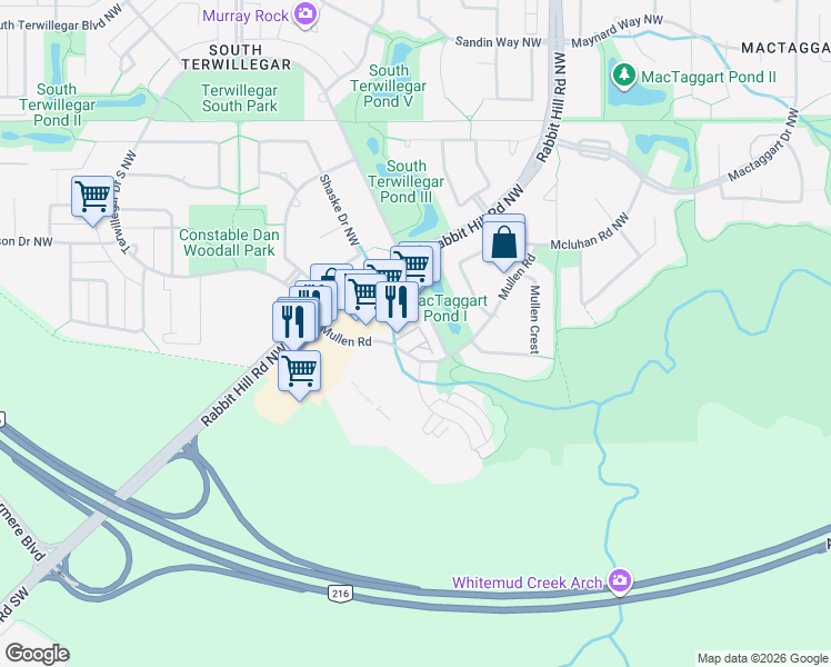 map of restaurants, bars, coffee shops, grocery stores, and more near 5970 Mullen Way in Edmonton