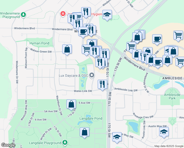 map of restaurants, bars, coffee shops, grocery stores, and more near 1308 Windermere Way Southwest in Edmonton