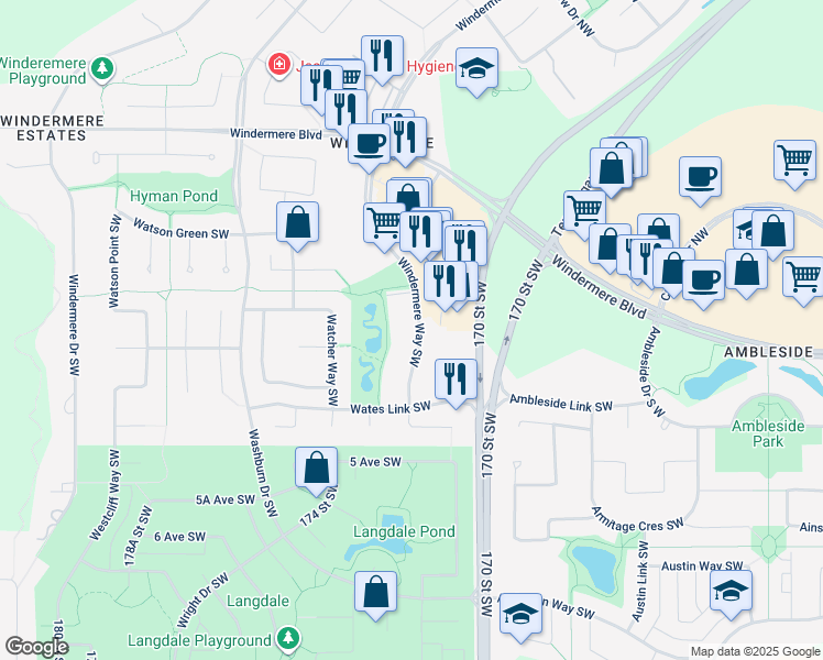 map of restaurants, bars, coffee shops, grocery stores, and more near 1238 Windermere Way in Edmonton