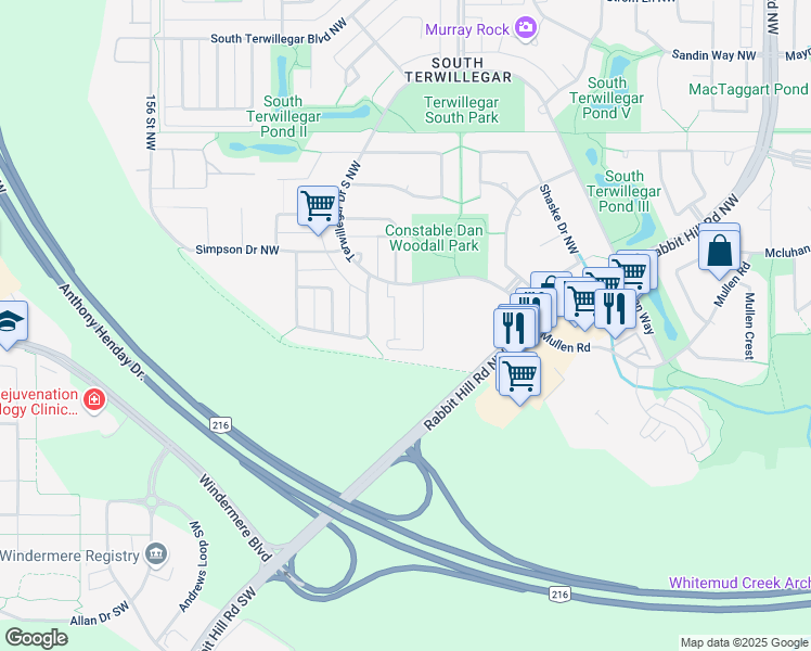 map of restaurants, bars, coffee shops, grocery stores, and more near 7289 South Terwillegar Drive Northwest in Edmonton