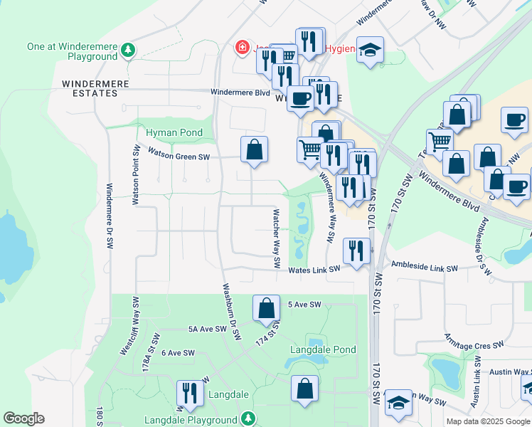 map of restaurants, bars, coffee shops, grocery stores, and more near 2627 Watcher Way Southwest in Edmonton