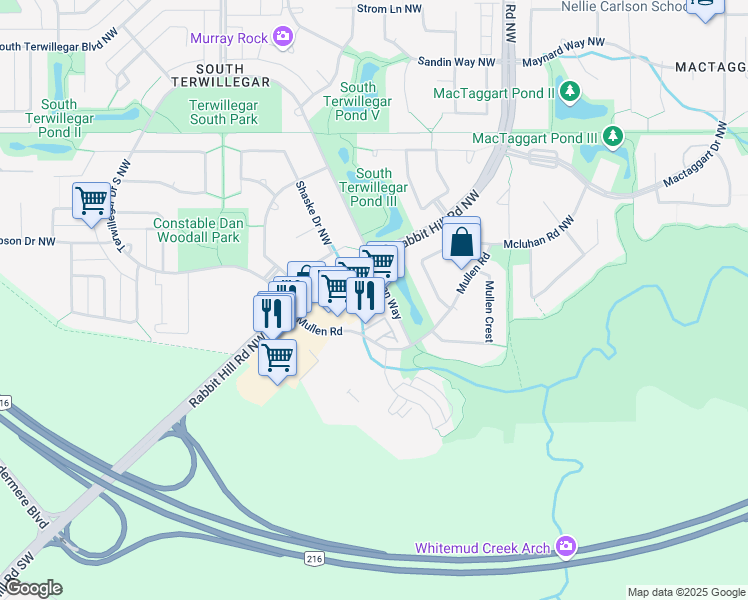 map of restaurants, bars, coffee shops, grocery stores, and more near 5970 Mullen Way in Edmonton