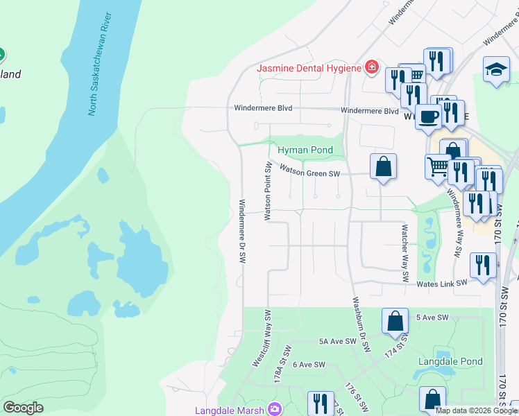 map of restaurants, bars, coffee shops, grocery stores, and more near 3520 Watson Point Southwest in Edmonton