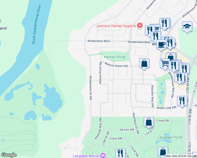map of restaurants, bars, coffee shops, grocery stores, and more near 3520 Watson Point Southwest in Edmonton