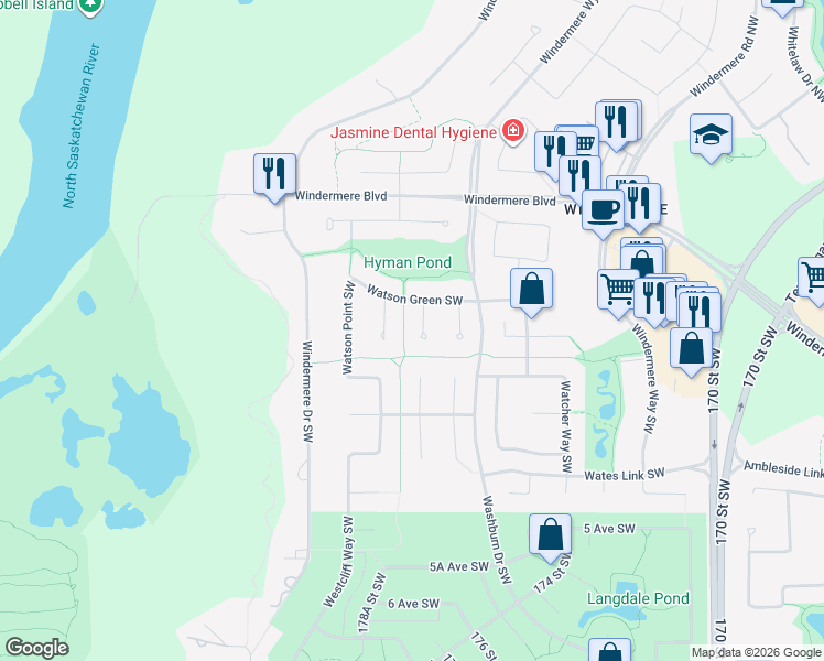 map of restaurants, bars, coffee shops, grocery stores, and more near 3314 Watson Bay in Edmonton