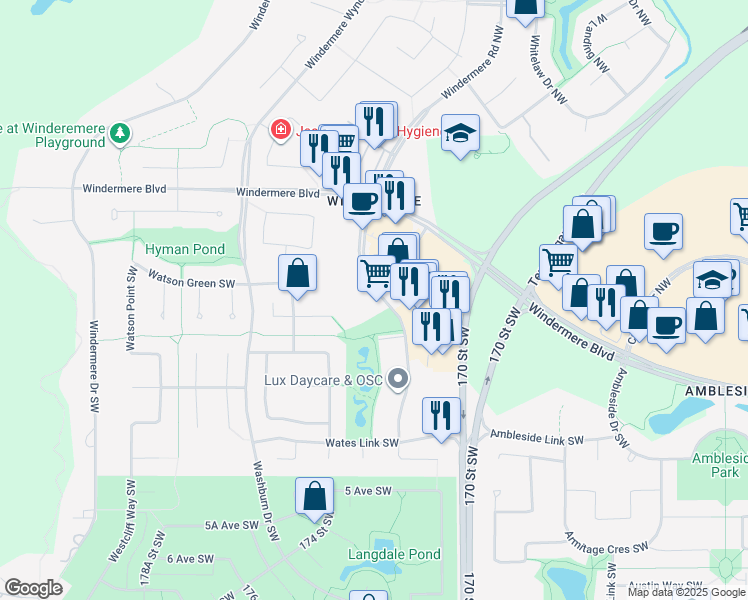 map of restaurants, bars, coffee shops, grocery stores, and more near 1150 Windermere Way Southwest in Edmonton