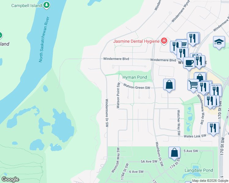map of restaurants, bars, coffee shops, grocery stores, and more near 3131 Watson Green Southwest in Edmonton