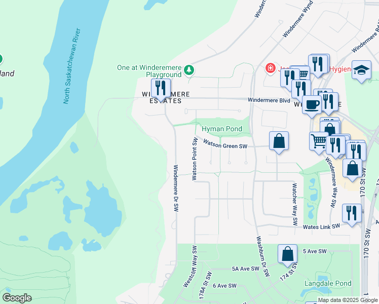 map of restaurants, bars, coffee shops, grocery stores, and more near 3131 Watson Green Southwest in Edmonton