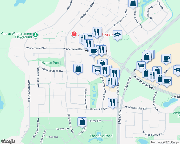 map of restaurants, bars, coffee shops, grocery stores, and more near 1150 Windermere Way Southwest in Edmonton