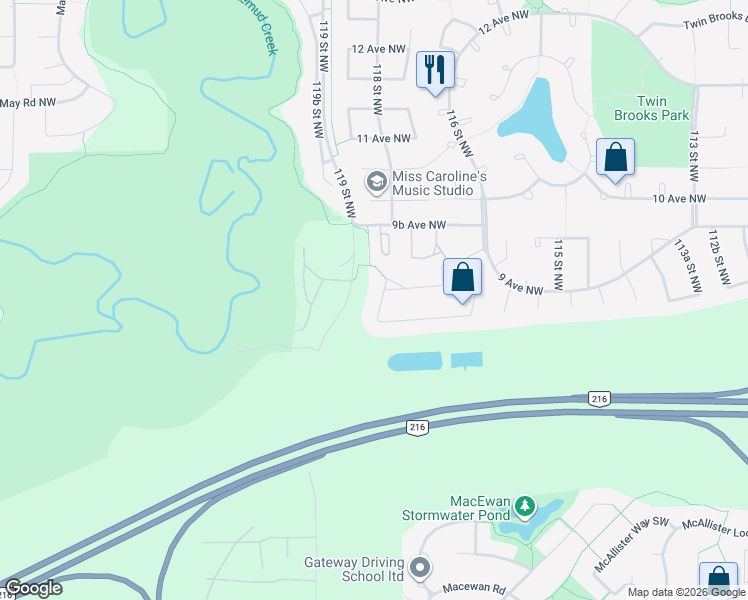 map of restaurants, bars, coffee shops, grocery stores, and more near 838 118A Street Northwest in Edmonton