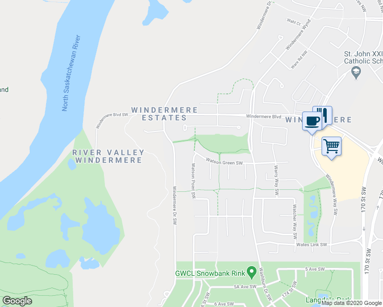 map of restaurants, bars, coffee shops, grocery stores, and more near 3131 Watson Green Southwest in Edmonton