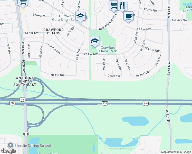 map of restaurants, bars, coffee shops, grocery stores, and more near 1010 41 Street Northwest in Edmonton