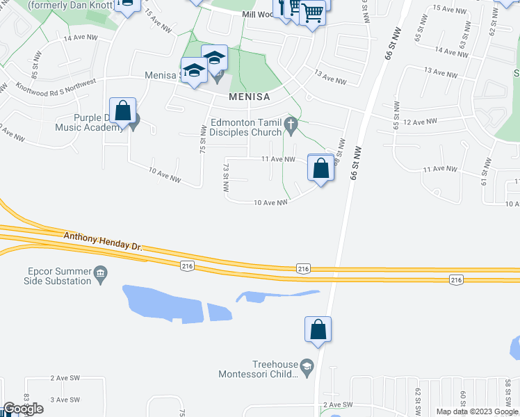 map of restaurants, bars, coffee shops, grocery stores, and more near 7103 10 Avenue Northwest in Edmonton